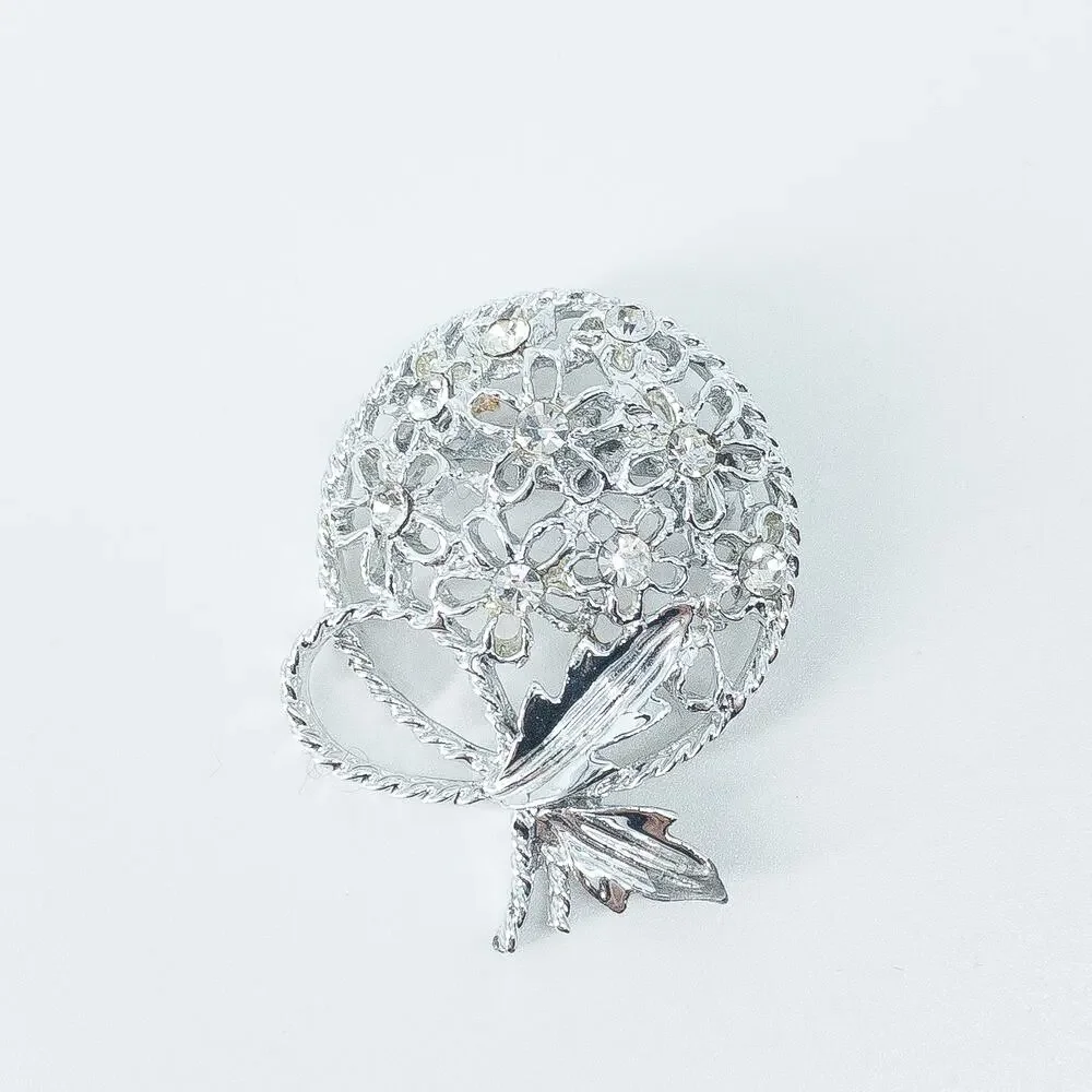 Silver Rhinestone Floral Bouquet Brooch